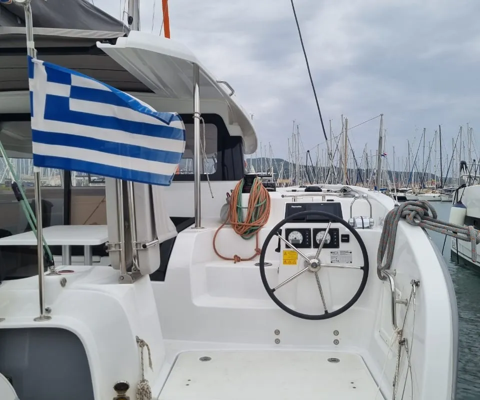 Cockpit of Ad Astra, a Excess 11 catamaran at Preveza, Greece