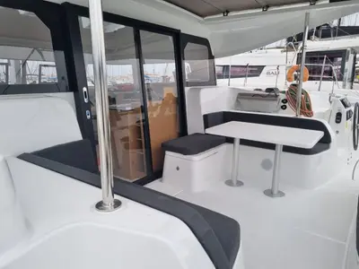 Deck of Ad Astra, a Excess 11 catamaran at Preveza, Greece