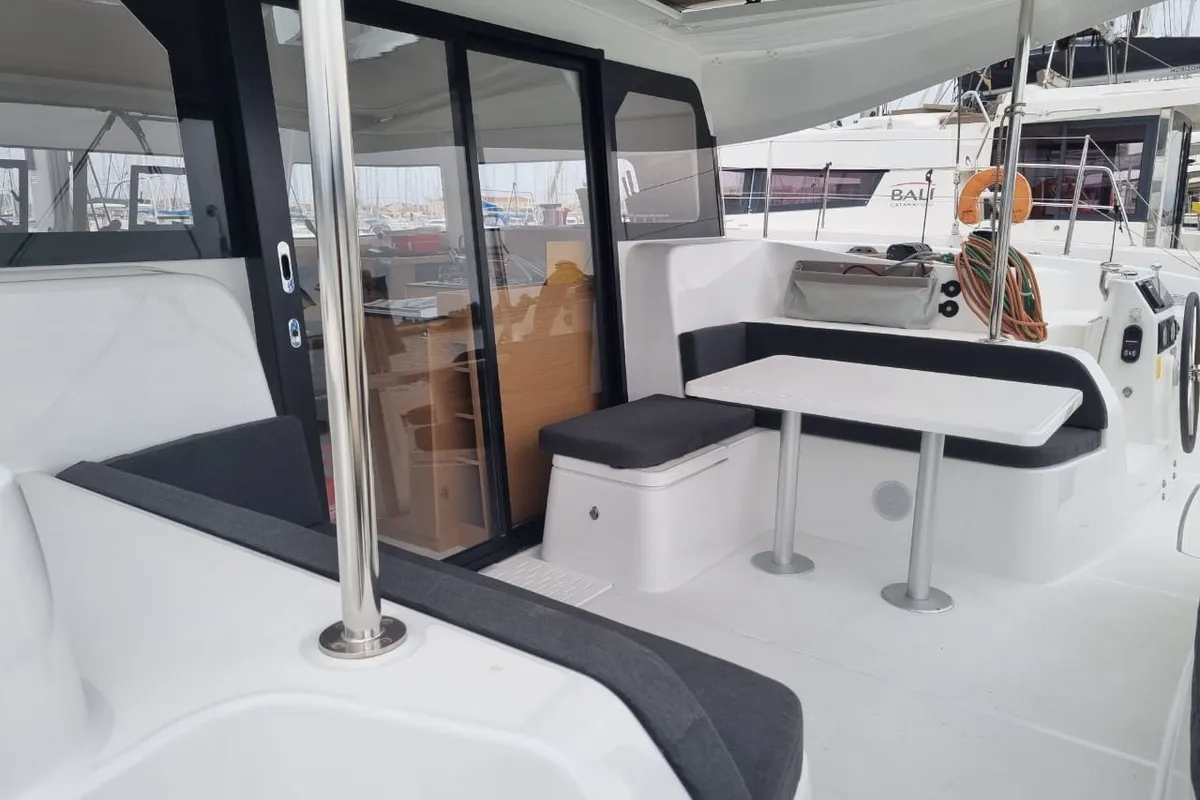 Deck of Ad Astra, a Excess 11 catamaran at Preveza, Greece
