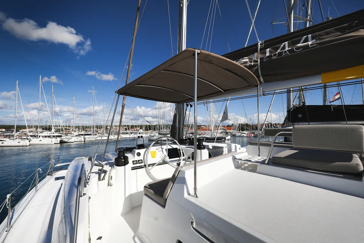 Cockpit of Calypso , a Bali 4.4 catamaran at Grad Biograd na Moru, Croatia