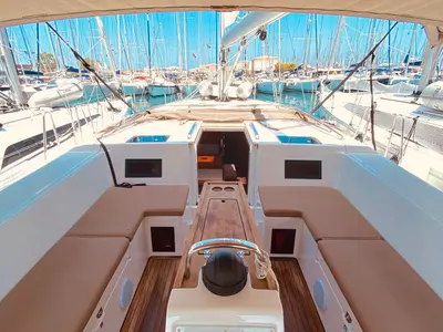 Cockpit of Atokos (Pax 9), a Bavaria C45 sailboat at Municipal Unit of Lefkada, Greece