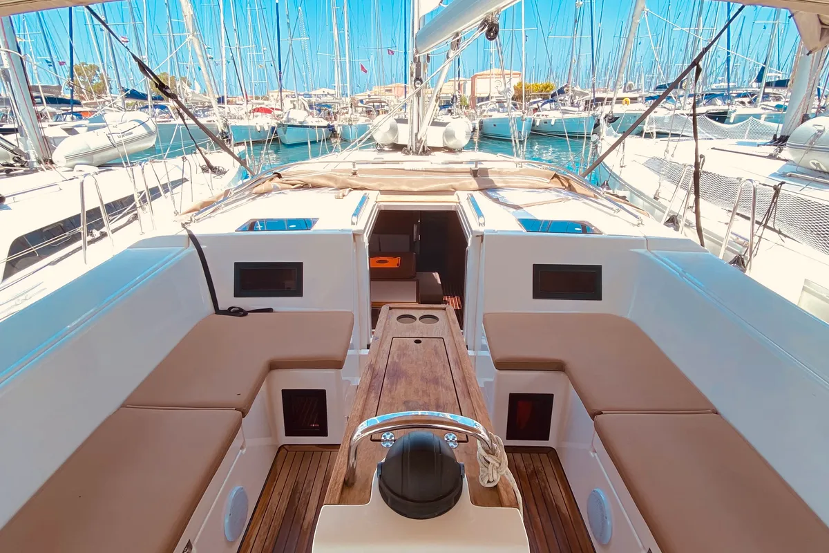 Cockpit of Atokos (Pax 9), a Bavaria C45 sailboat at Municipal Unit of Lefkada, Greece
