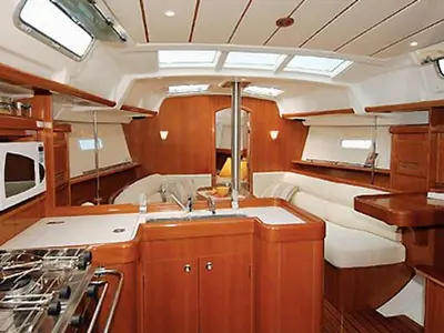 Galley of Mirfak, a Beneteau Oceanis 373 sailboat at Cagliari, Italy