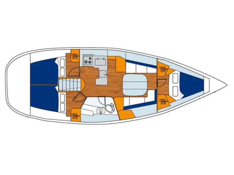 Floor plan of Mirfak, a Beneteau Oceanis 373 sailboat at Cagliari, Italy