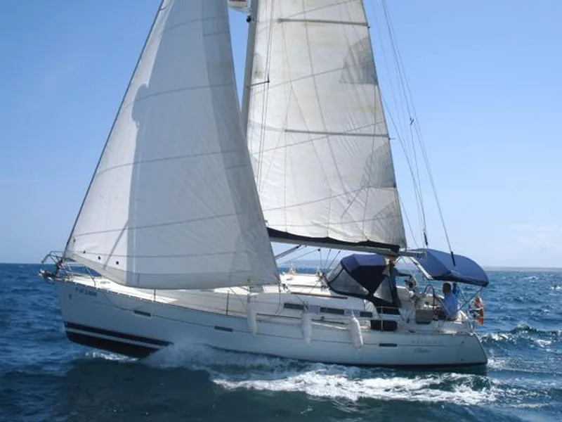 Exterior view of Mirfak, a Beneteau Oceanis 373 sailboat at Cagliari, Italy