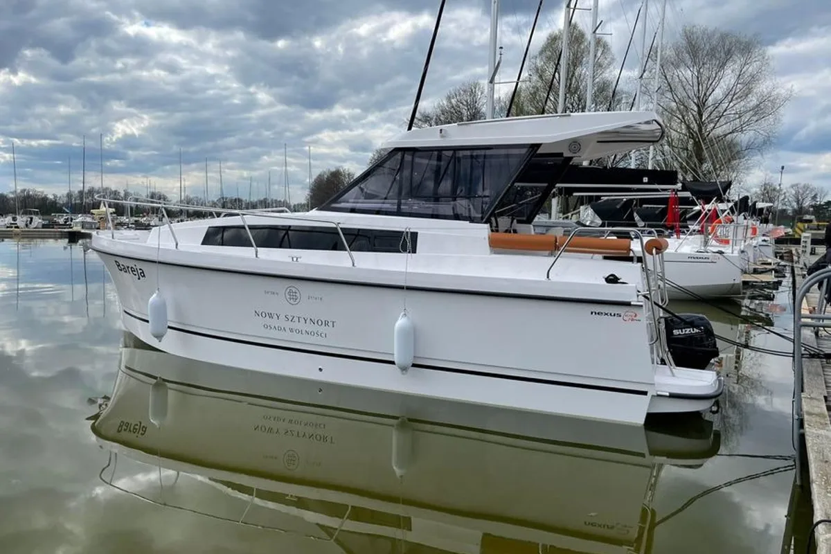 Exterior view of Polanski, a Northman Nexus Revo 870 Prestige motorboat at Sztynort, Poland