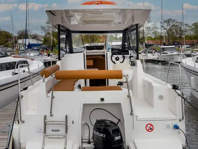 Deck of Polanski, a Northman Nexus Revo 870 Prestige motorboat at Sztynort, Poland