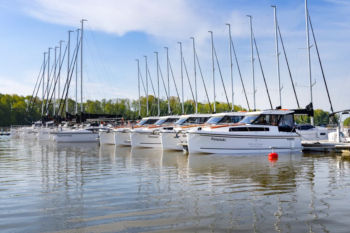 Exterior view of Polanski, a Northman Nexus Revo 870 Prestige motorboat at Sztynort, Poland