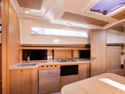Galley of Polanski, a Northman Nexus Revo 870 Prestige motorboat at Sztynort, Poland