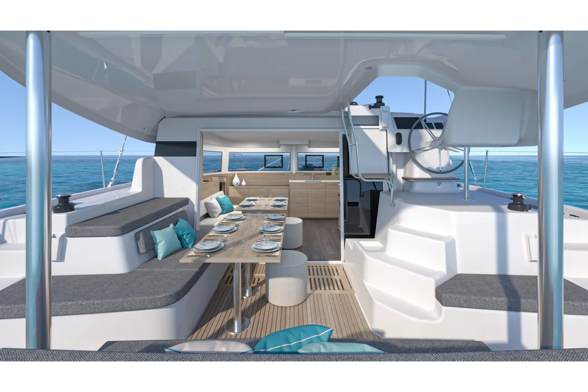 Deck of Premium, a Lagoon 38 catamaran at Municipal Unit of Lefkada, Greece