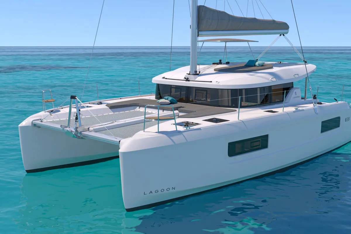 Exterior view of Premium, a Lagoon 38 catamaran at Municipal Unit of Lefkada, Greece