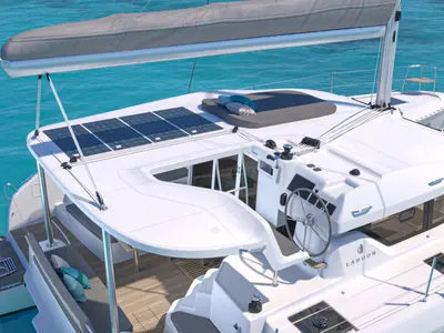 Cockpit of Premium, a Lagoon 38 catamaran at Municipal Unit of Lefkada, Greece