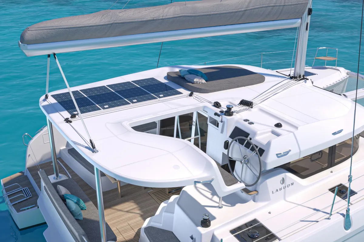 Cockpit of Premium, a Lagoon 38 catamaran at Municipal Unit of Lefkada, Greece