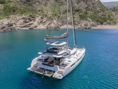 Exterior view of Queen Alexandra, a Lagoon 51 catamaran at Trogir, Croatia