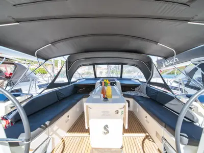 Cockpit of First Heartbeat, a Beneteau Oceanis 51.1 sailboat at Skradin, Croatia