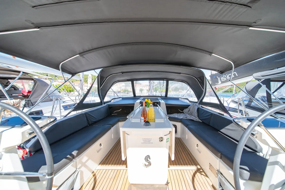 Cockpit of First Heartbeat, a Beneteau Oceanis 51.1 sailboat at Skradin, Croatia