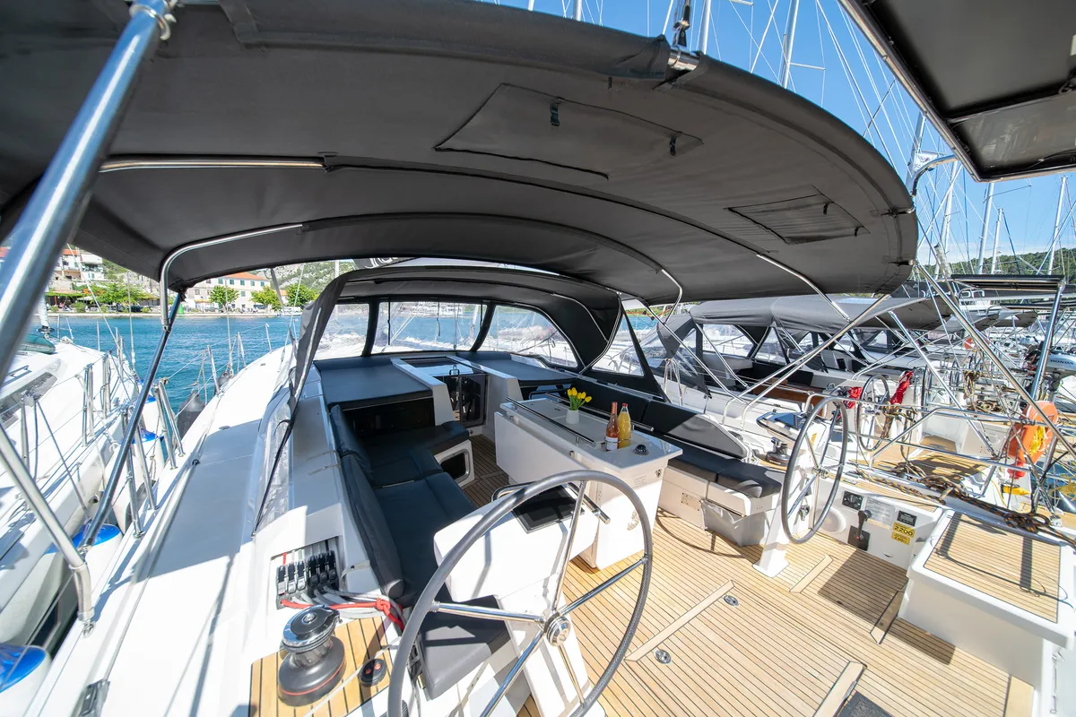 Cockpit of First Heartbeat, a Beneteau Oceanis 51.1 sailboat at Skradin, Croatia