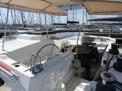 Cockpit of ADRIA BLUE, a Fountaine Pajot Elba 45 catamaran at Seget Donji, Croatia