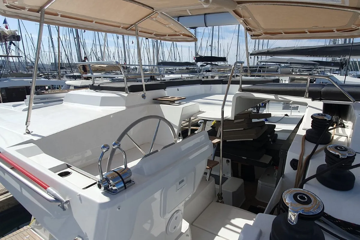 Cockpit of ADRIA BLUE, a Fountaine Pajot Elba 45 catamaran at Seget Donji, Croatia