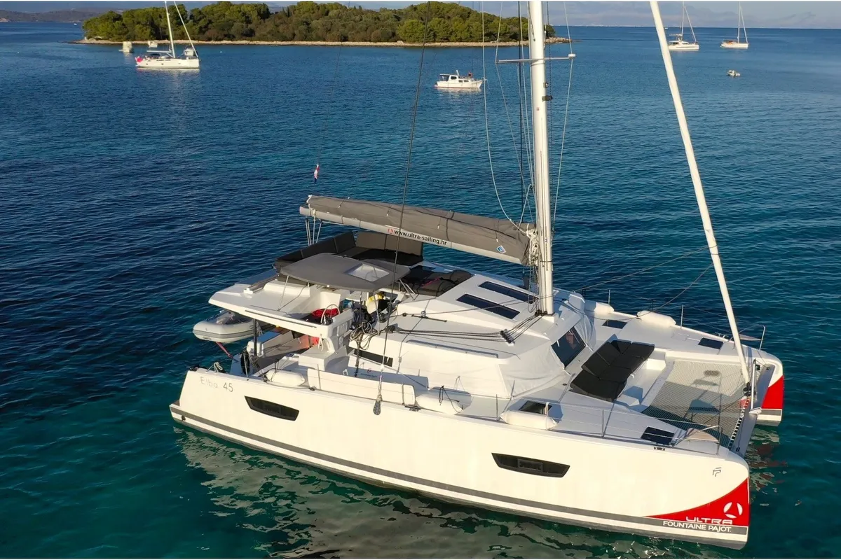 Exterior view of ADRIA BLUE, a Fountaine Pajot Elba 45 catamaran at Seget Donji, Croatia
