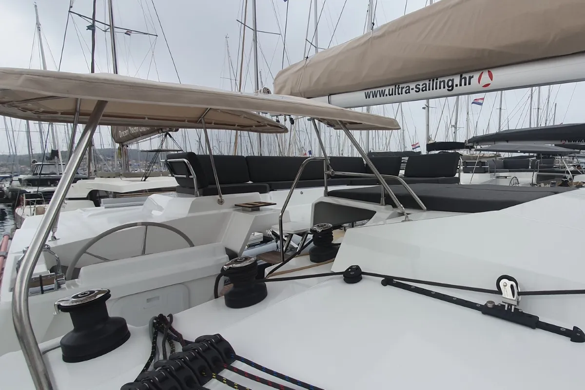 Deck of ADRIA BLUE, a Fountaine Pajot Elba 45 catamaran at Seget Donji, Croatia