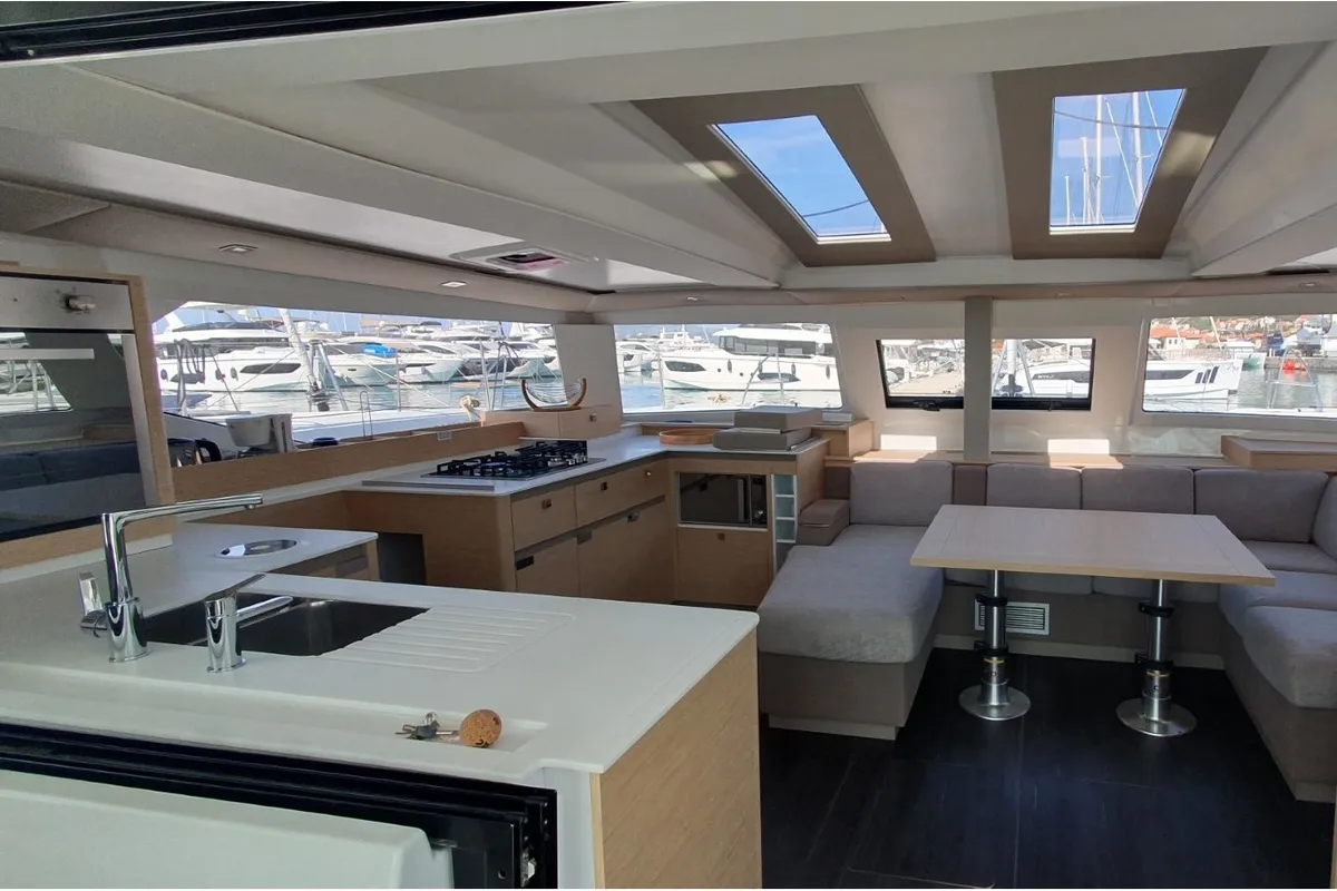 Salon of ADRIA BLUE, a Fountaine Pajot Elba 45 catamaran at Seget Donji, Croatia
