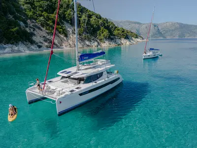 Exterior view of Sunsail 454L Premium, a Leopard 45 catamaran at Općina Marina, Croatia