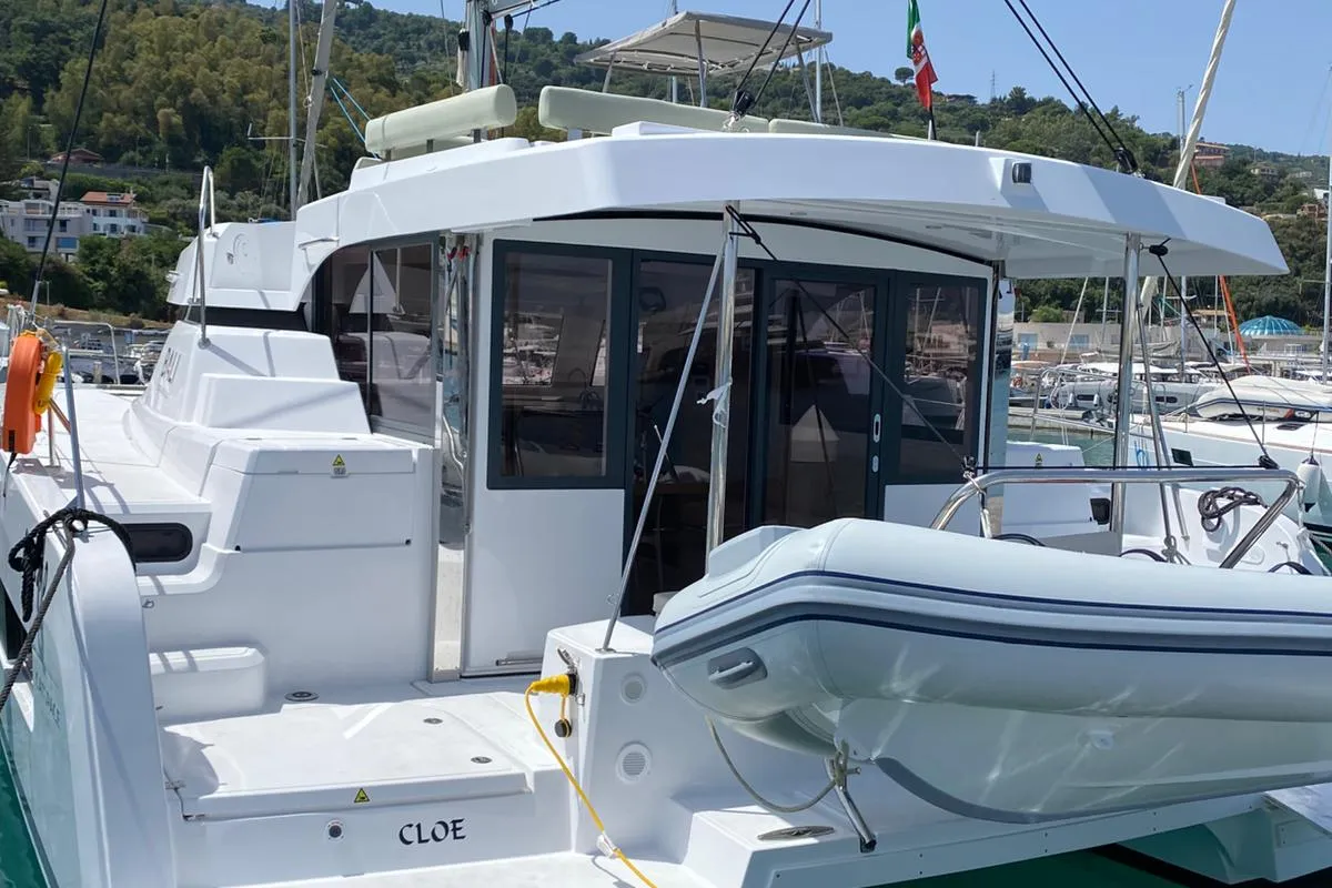 Exterior view of Cloe, a Bali Catspace catamaran at Capo d'Orlando, Italy