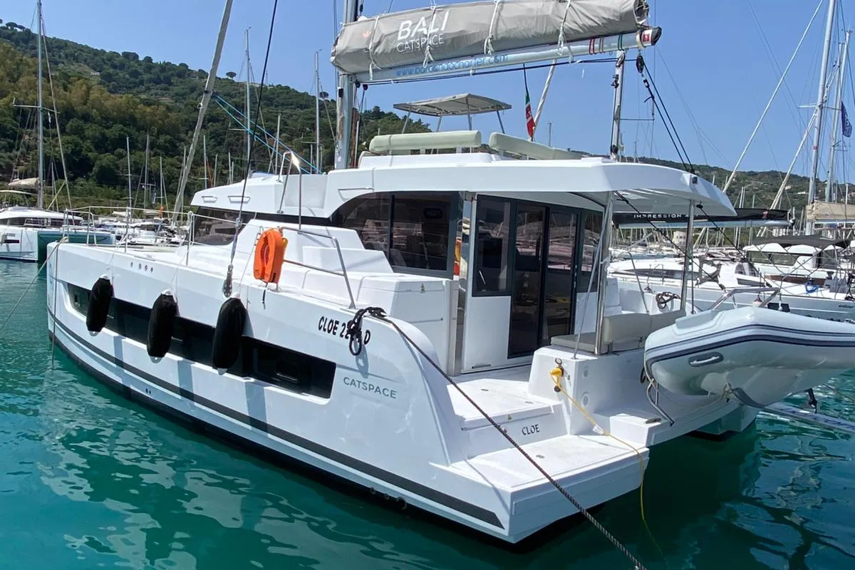 Exterior view of Cloe, a Bali Catspace catamaran at Capo d'Orlando, Italy