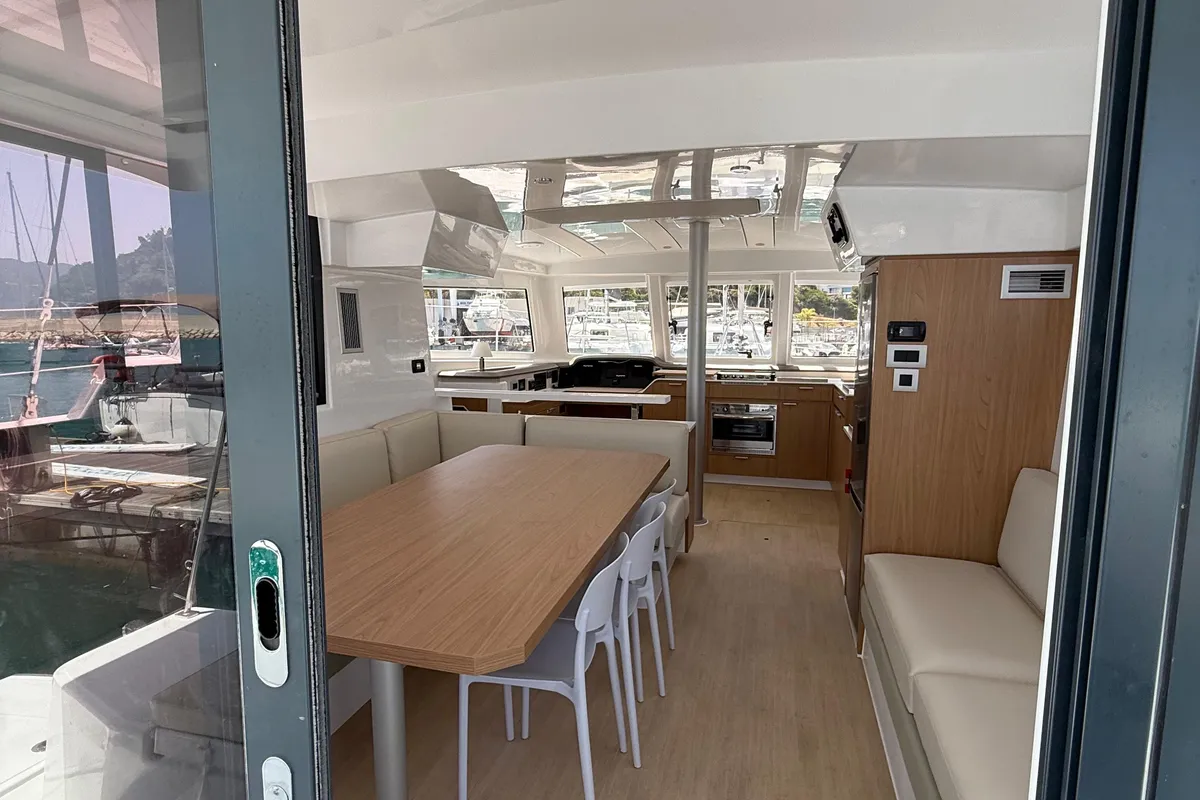 Salon of Cloe, a Bali Catspace catamaran at Capo d'Orlando, Italy