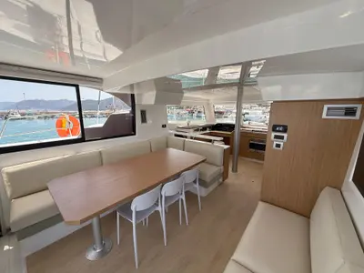 Salon of Cloe, a Bali Catspace catamaran at Capo d'Orlando, Italy