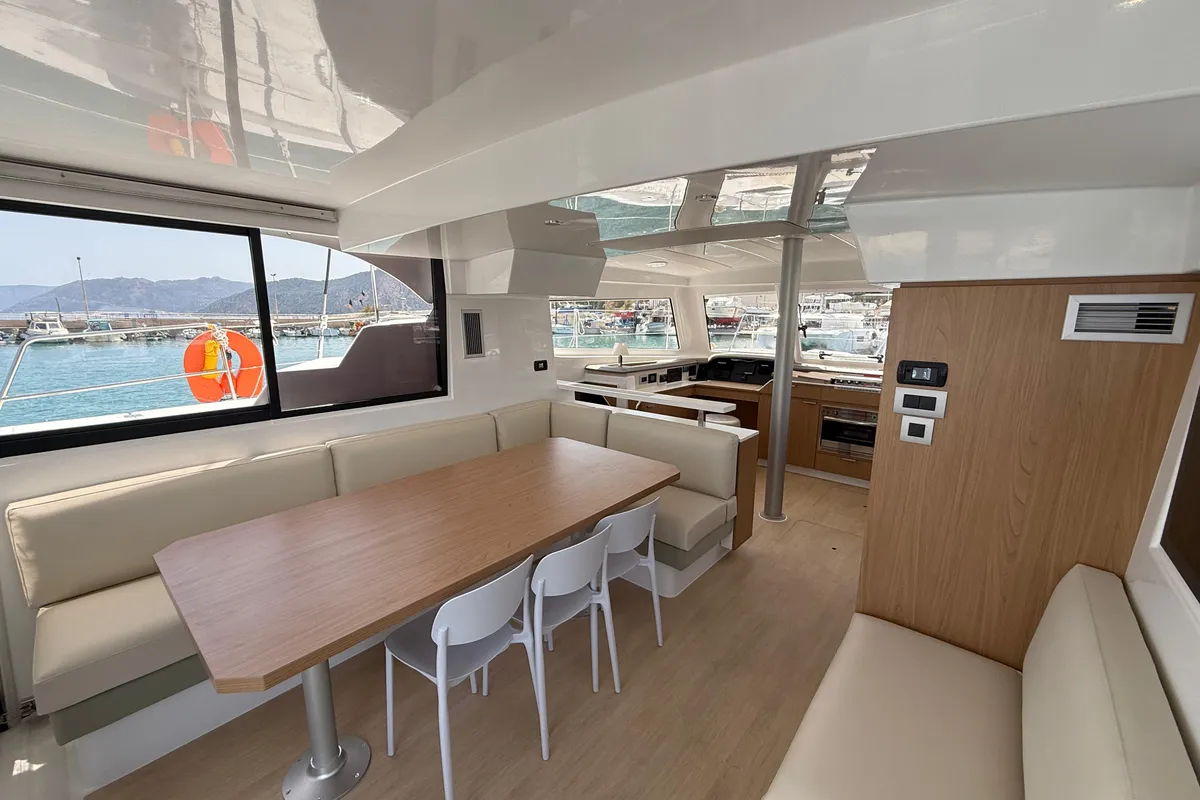 Salon of Cloe, a Bali Catspace catamaran at Capo d'Orlando, Italy