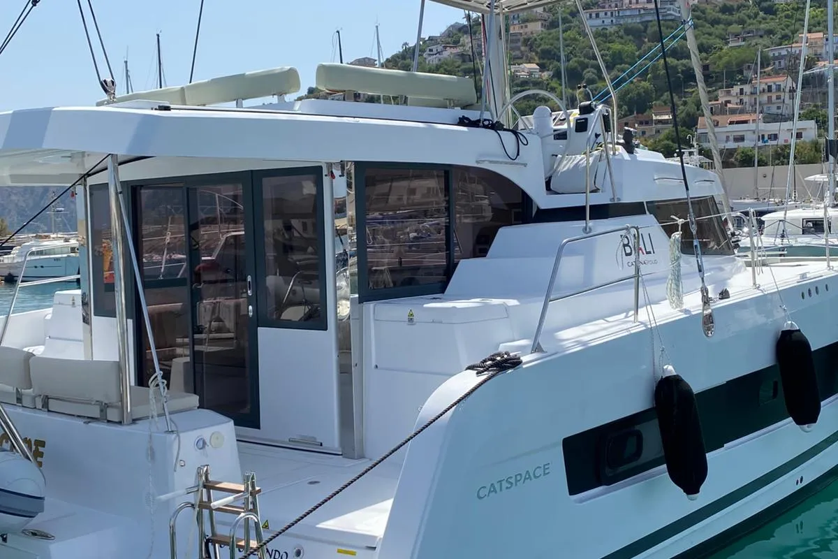 Exterior view of Cloe, a Bali Catspace catamaran at Capo d'Orlando, Italy
