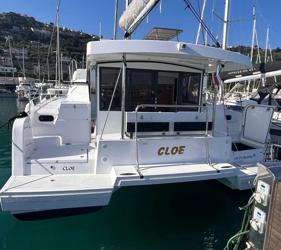 Deck of Cloe, a Bali Catspace catamaran at Capo d'Orlando, Italy
