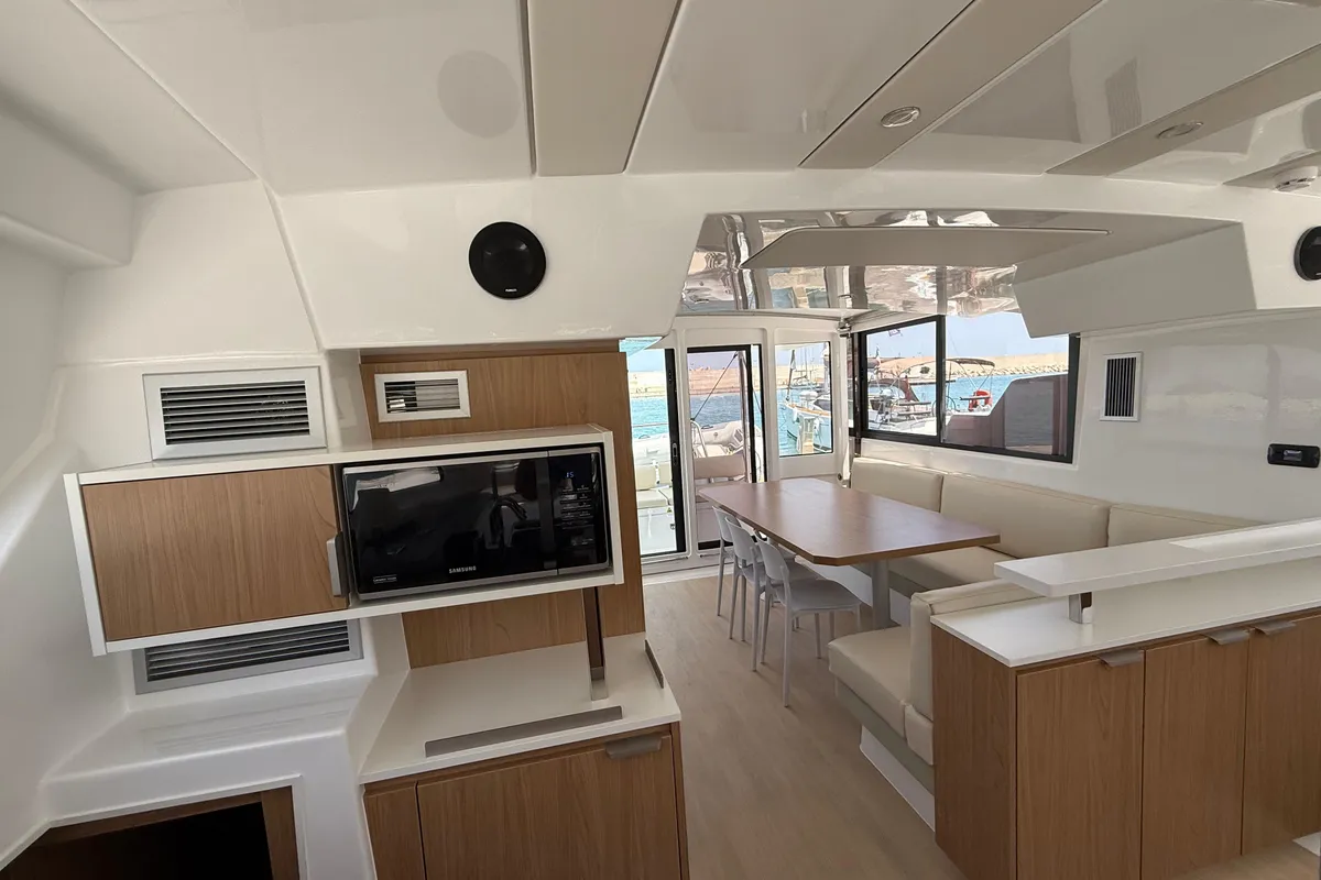 Galley of Cloe, a Bali Catspace catamaran at Capo d'Orlando, Italy
