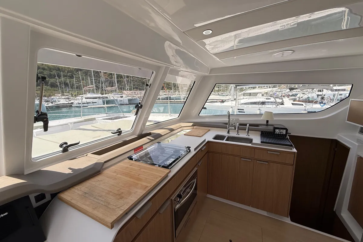 Galley of Cloe, a Bali Catspace catamaran at Capo d'Orlando, Italy
