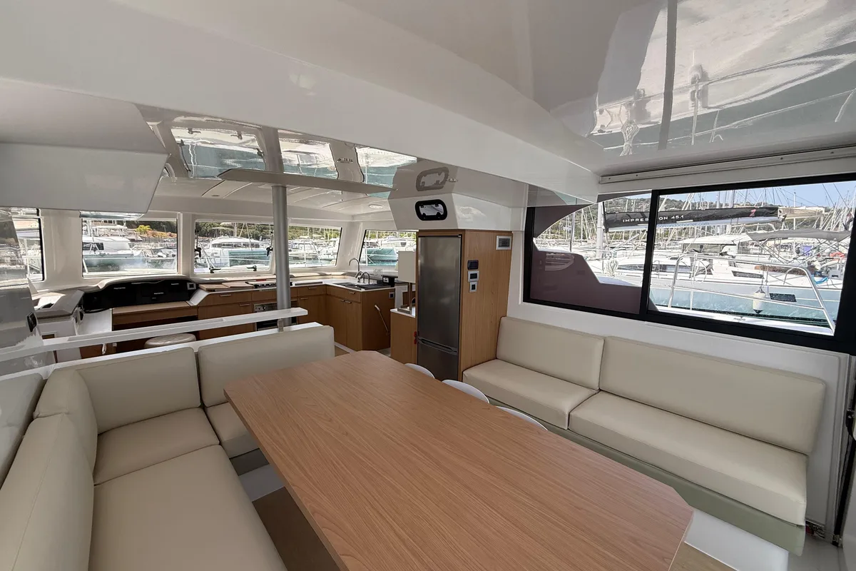 Salon of Cloe, a Bali Catspace catamaran at Capo d'Orlando, Italy