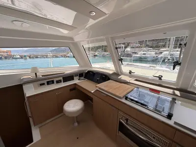 Cockpit of Cloe, a Bali Catspace catamaran at Capo d'Orlando, Italy