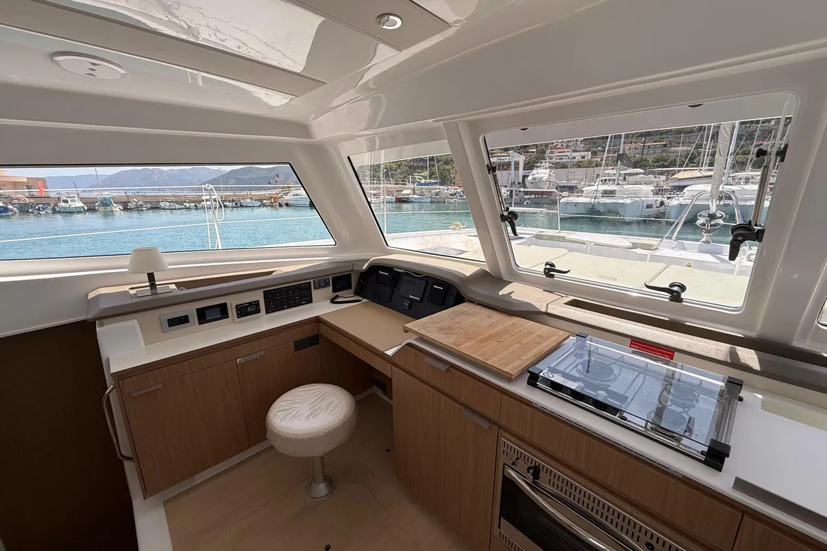 Cockpit of Cloe, a Bali Catspace catamaran at Capo d'Orlando, Italy