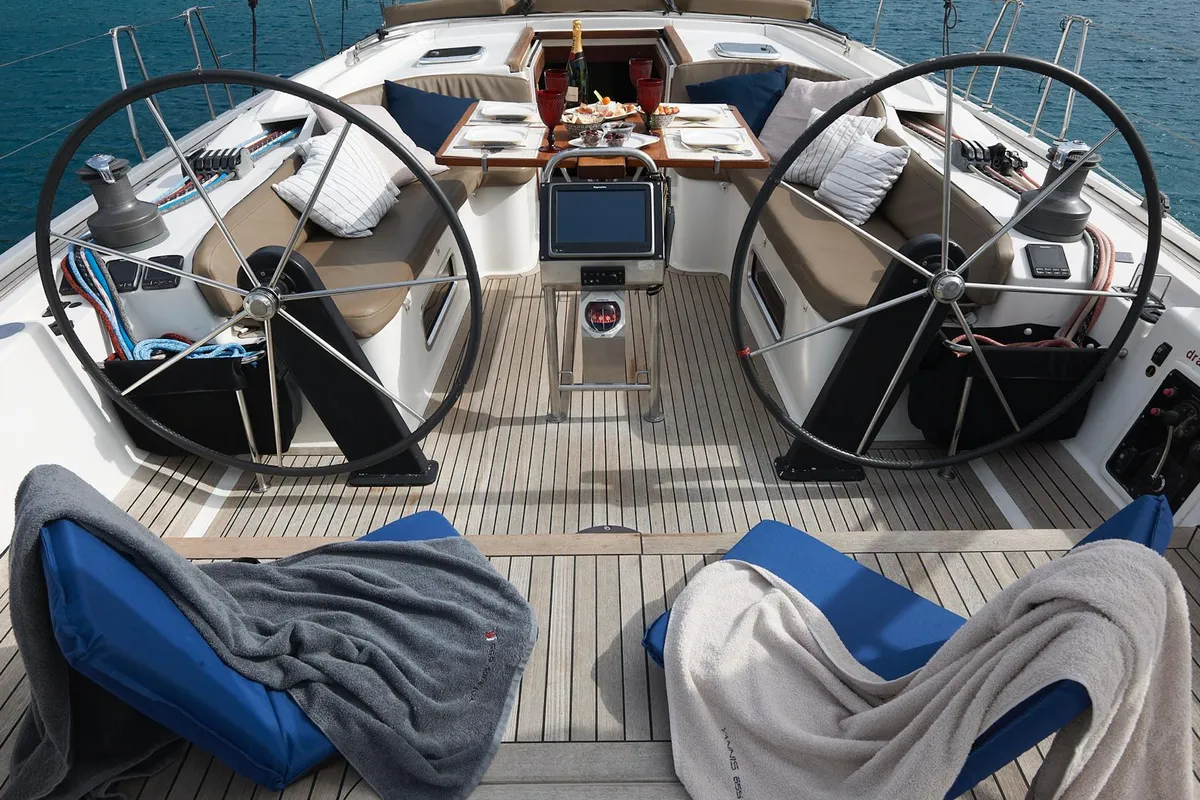 Cockpit of Yannis 65S, a Hanse 540e sailboat at Athens, Greece