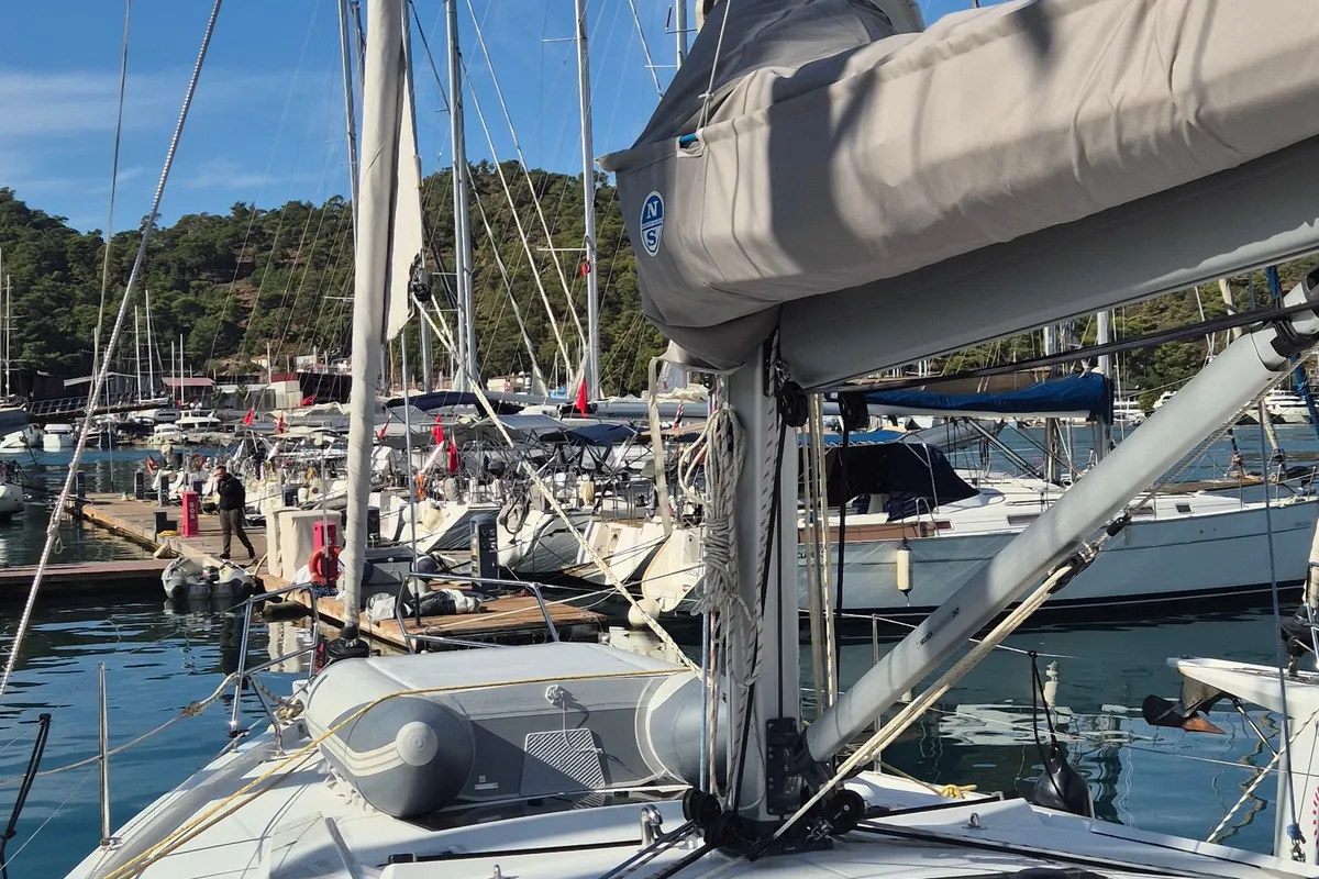 Exterior view of Gemile, a Hanse 460 sailboat at Fethiye, Turkey