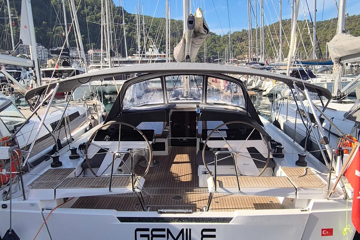 Exterior view of Gemile, a Hanse 460 sailboat at Fethiye, Turkey