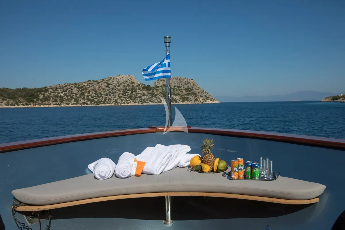 Deck of Princess L, a Maiora 108 motor yacht at Athens, Greece