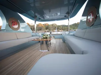 Deck of Princess L, a Maiora 108 motor yacht at Athens, Greece