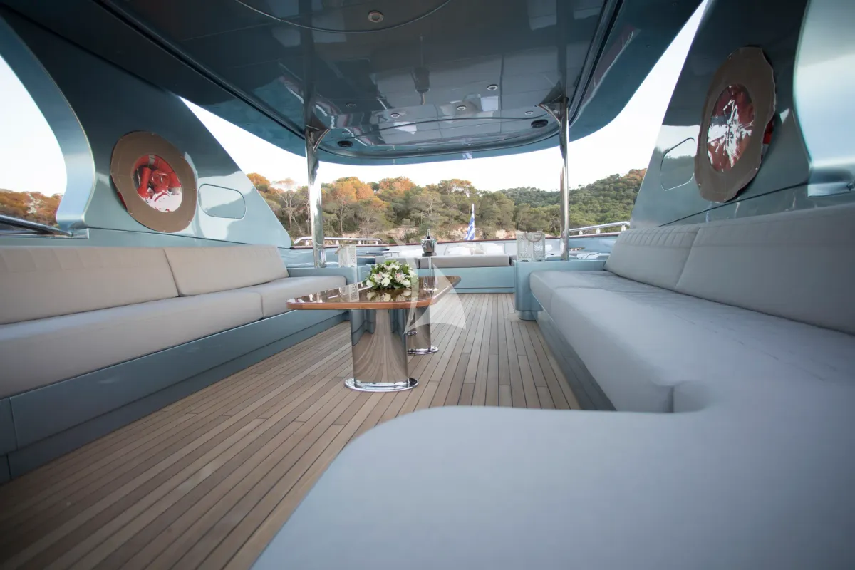 Deck of Princess L, a Maiora 108 motor yacht at Athens, Greece