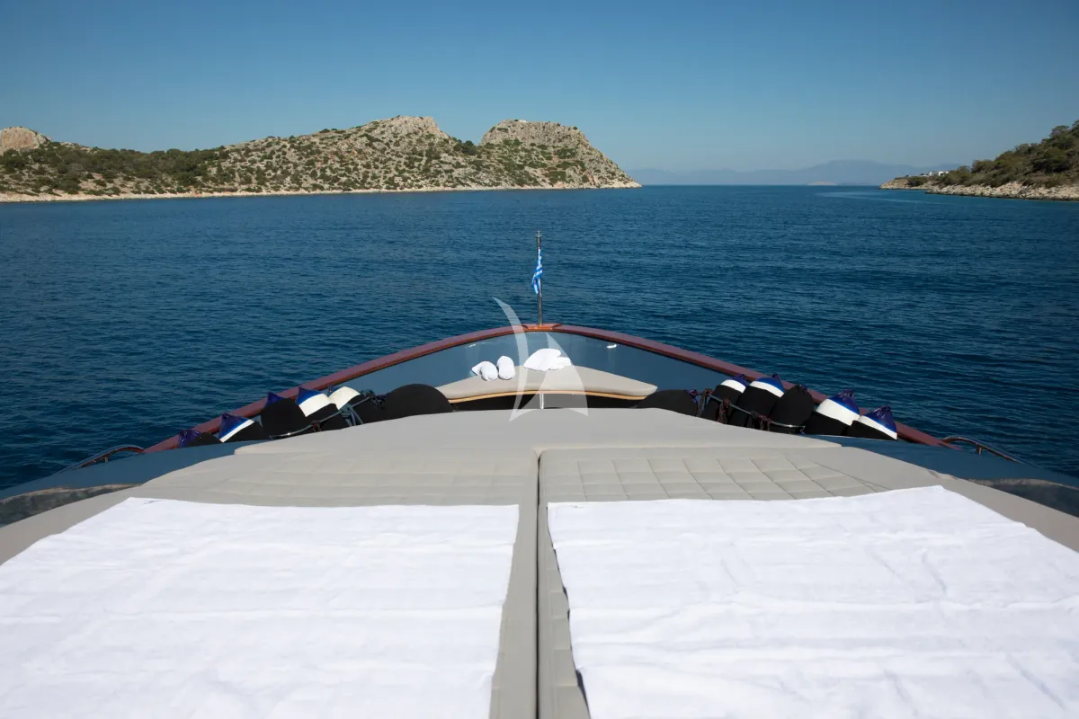 Deck of Princess L, a Maiora 108 motor yacht at Athens, Greece