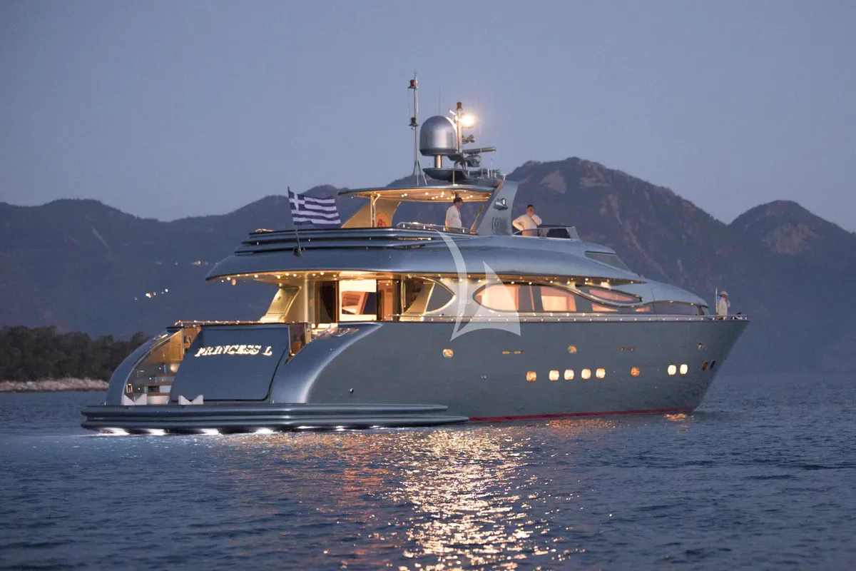 Exterior view of Princess L, a Maiora 108 motor yacht at Athens, Greece