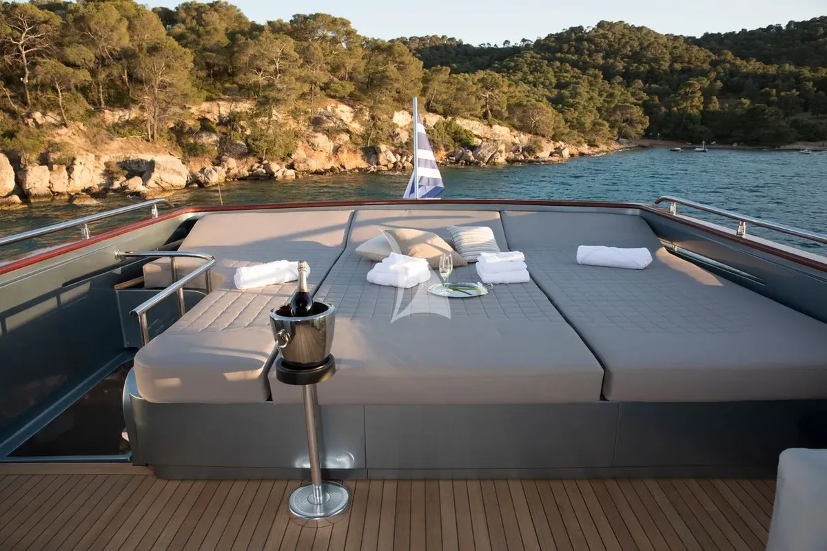 Deck of Princess L, a Maiora 108 motor yacht at Athens, Greece