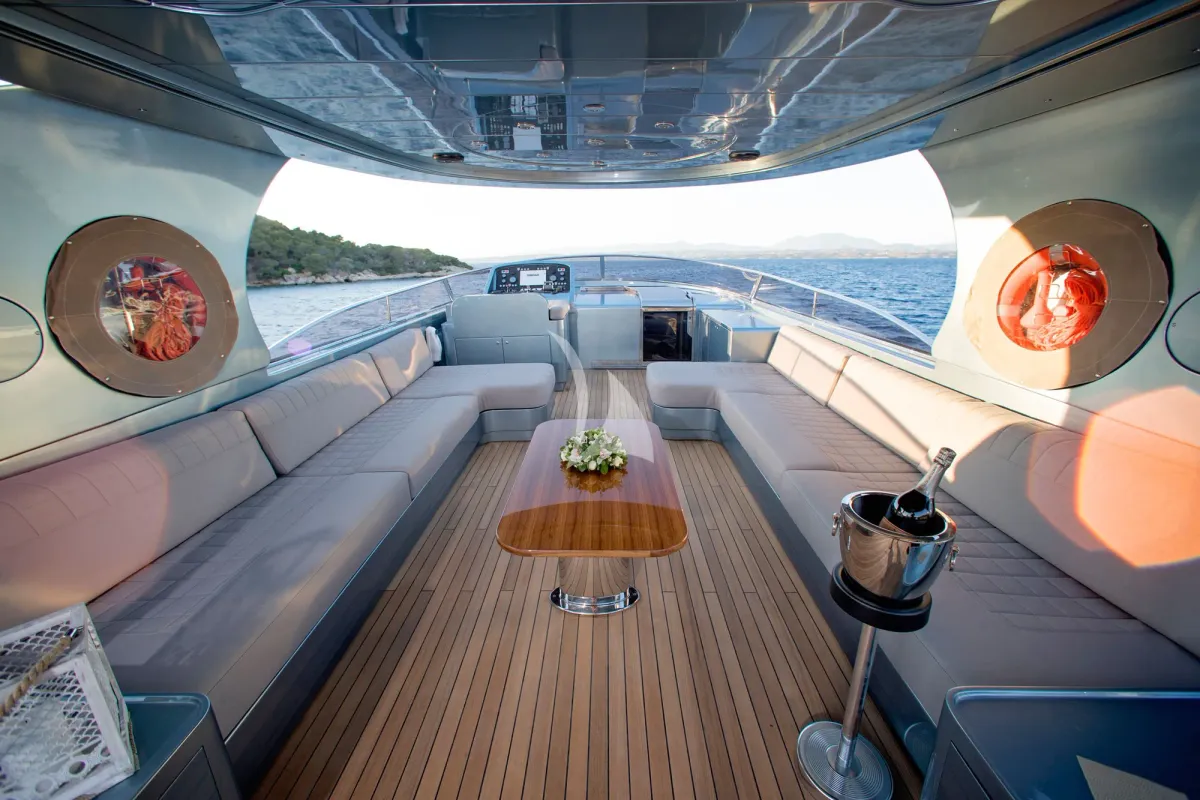 Deck of Princess L, a Maiora 108 motor yacht at Athens, Greece
