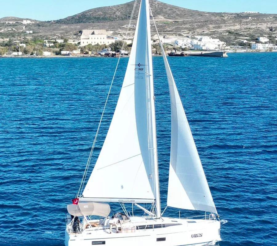 Exterior view of Luna 3, a Bavaria C38 sailboat at Fethiye, Turkey